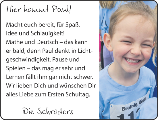 Glückwunschanzeige von Paul  von Zeitung am Sonntag