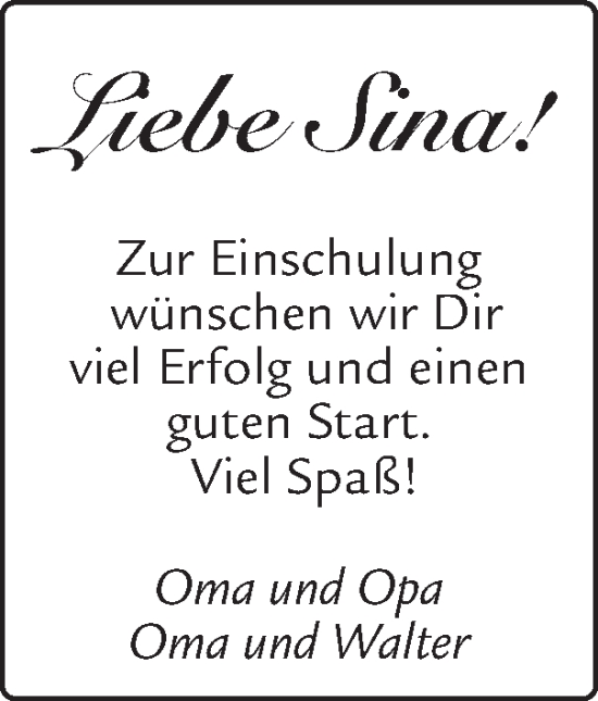 Glückwunschanzeige von Sina  von Zeitung am Sonntag