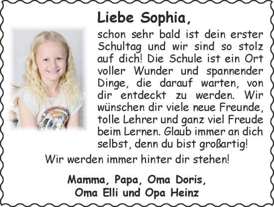 Glückwunschanzeige von Sophia  von Zeitung am Sonntag