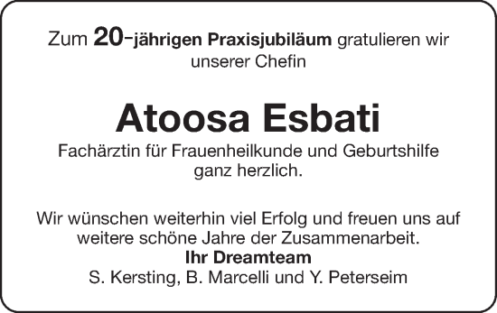 Glückwunschanzeige von Atoosa Esbati von Zeitung am Sonntag