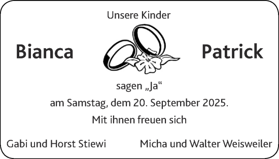 Glückwunschanzeige von Bianca und Patrick  von Zeitung am Sonntag