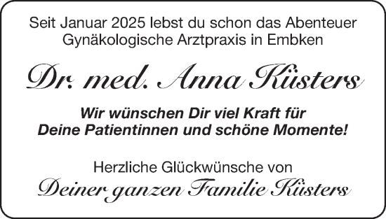 Glückwunschanzeige von Dr. med. Anna Küsters von Zeitung am Sonntag