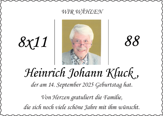 Glückwunschanzeige von Heinrich Johann Kluck von Zeitung am Sonntag