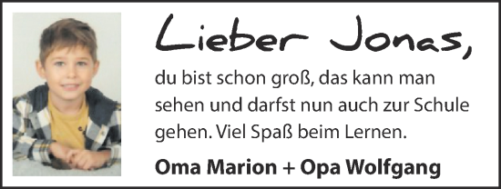 Glückwunschanzeige von Jonas  von Zeitung am Sonntag