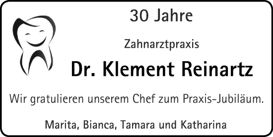 Glückwunschanzeige von Klement Reinartz von Zeitung am Sonntag