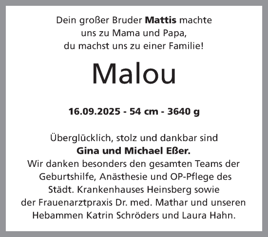 Glückwunschanzeige von Malou  von Zeitung am Sonntag