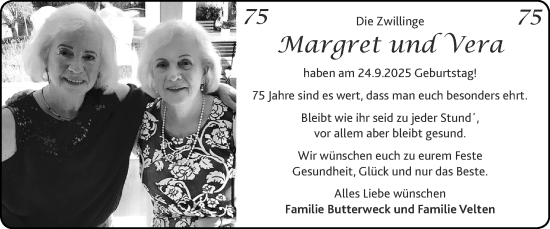 Glückwunschanzeige von Margret und Vera  von Zeitung am Sonntag