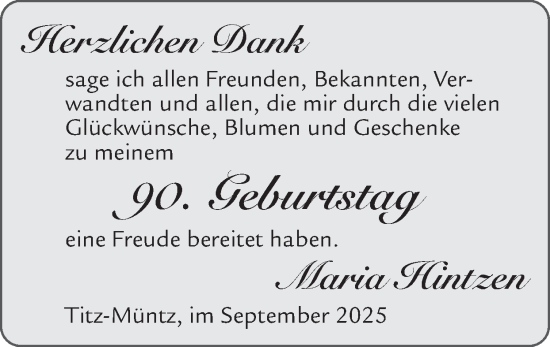 Glückwunschanzeige von Maria Hintzen von Zeitung am Sonntag