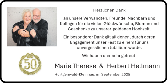 Glückwunschanzeige von Marie Therese & Herbert Hellmann  von Zeitung am Sonntag