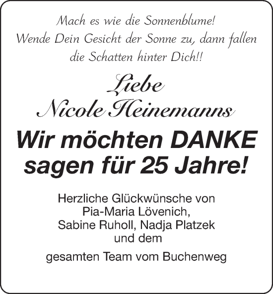Glückwunschanzeige von Nicole Heinemanns von Zeitung am Sonntag