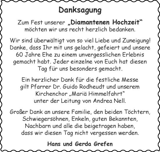 Glückwunschanzeige von Hans und Gerda Grefen von Zeitung am Sonntag