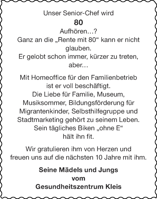 Glückwunschanzeige von Senior-Chef  von Zeitung am Sonntag