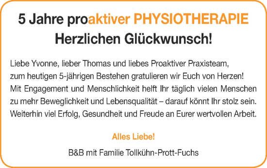 Glückwunschanzeige von Liebe Yvonne, lieber Thomas und liebes Proaktiver Praxisteam,  von Zeitung am Sonntag